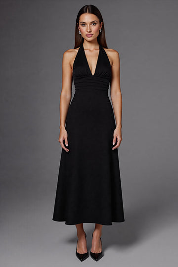 A Line Halter Neck Satin Black Long Formal Dress